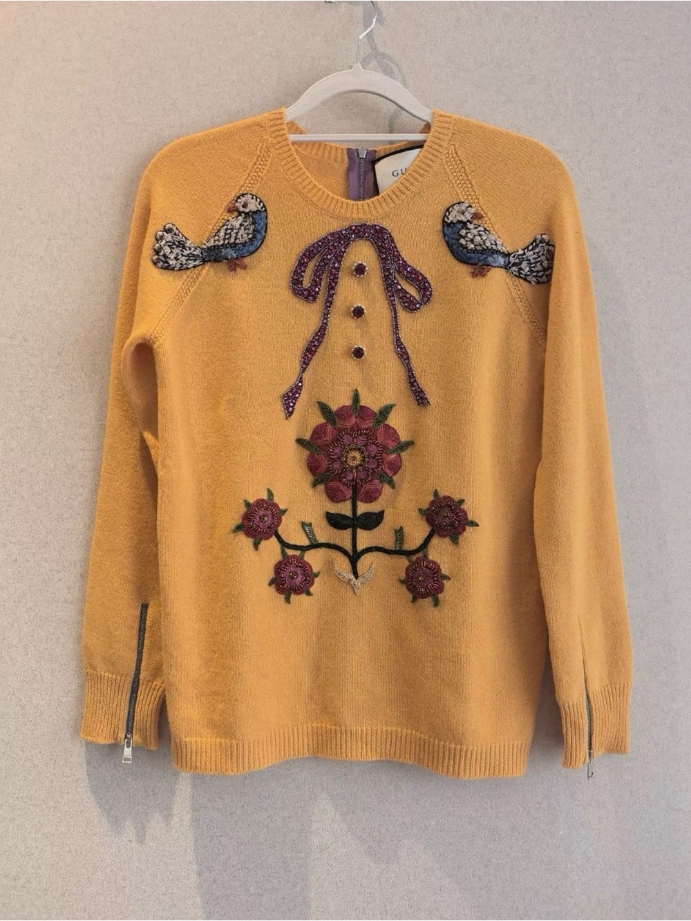 Gucci Mustard Yellow Embroidered Floral & Bird Crewneck Sweater